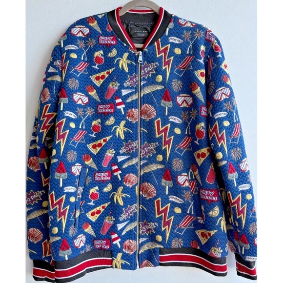 Zara Other - ZARA Men's Size XL Jacquard Graphic Bomber Jacket Blue Multi EUC Retro Rare $129